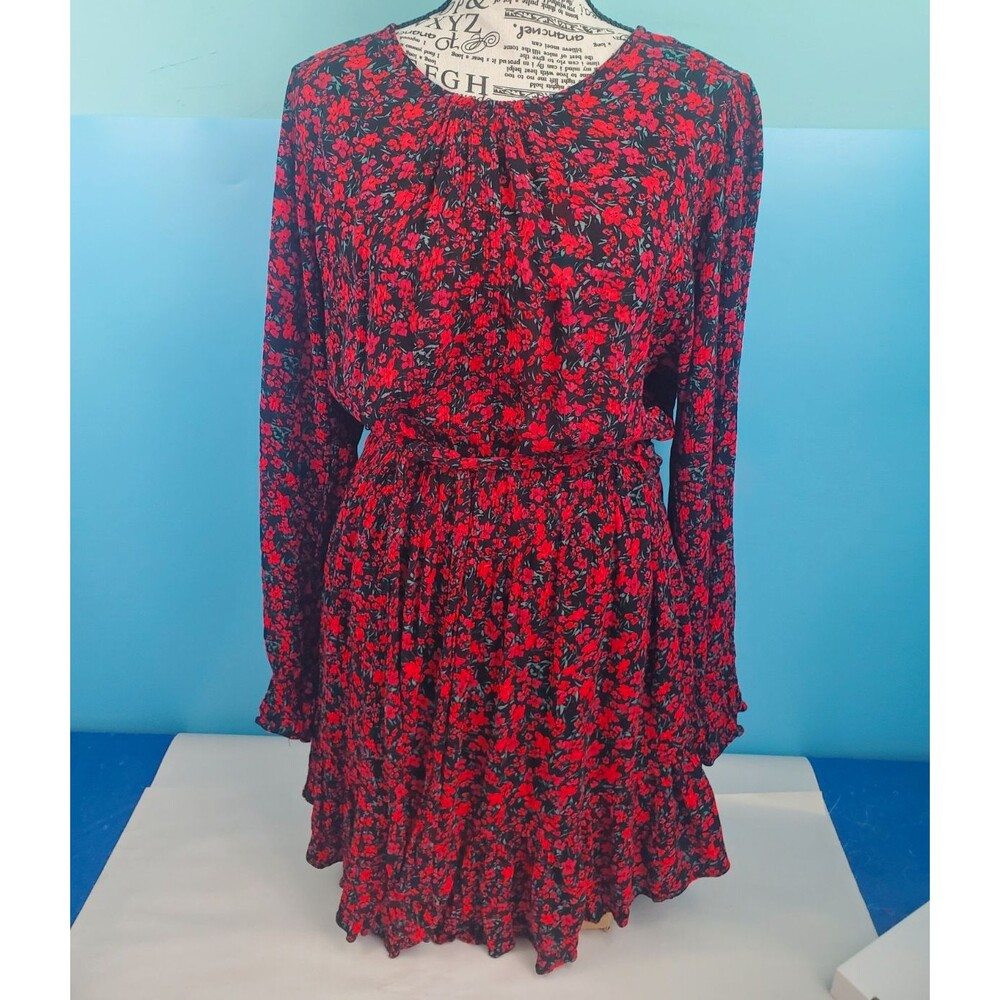 B. Smart Womens Size 13 Floral Long Sleeve Mini Dress Red Black Keyhole Back Tie